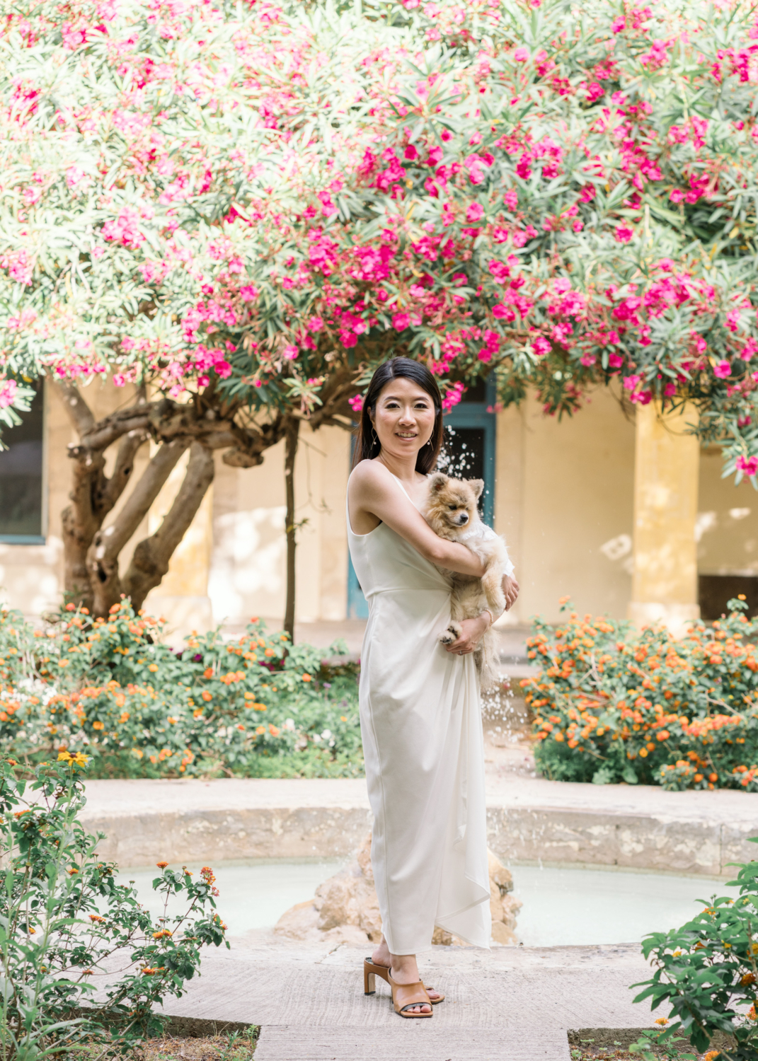 beautiful chinese woman holds Pomeranian dog in beautiful garden in arles france