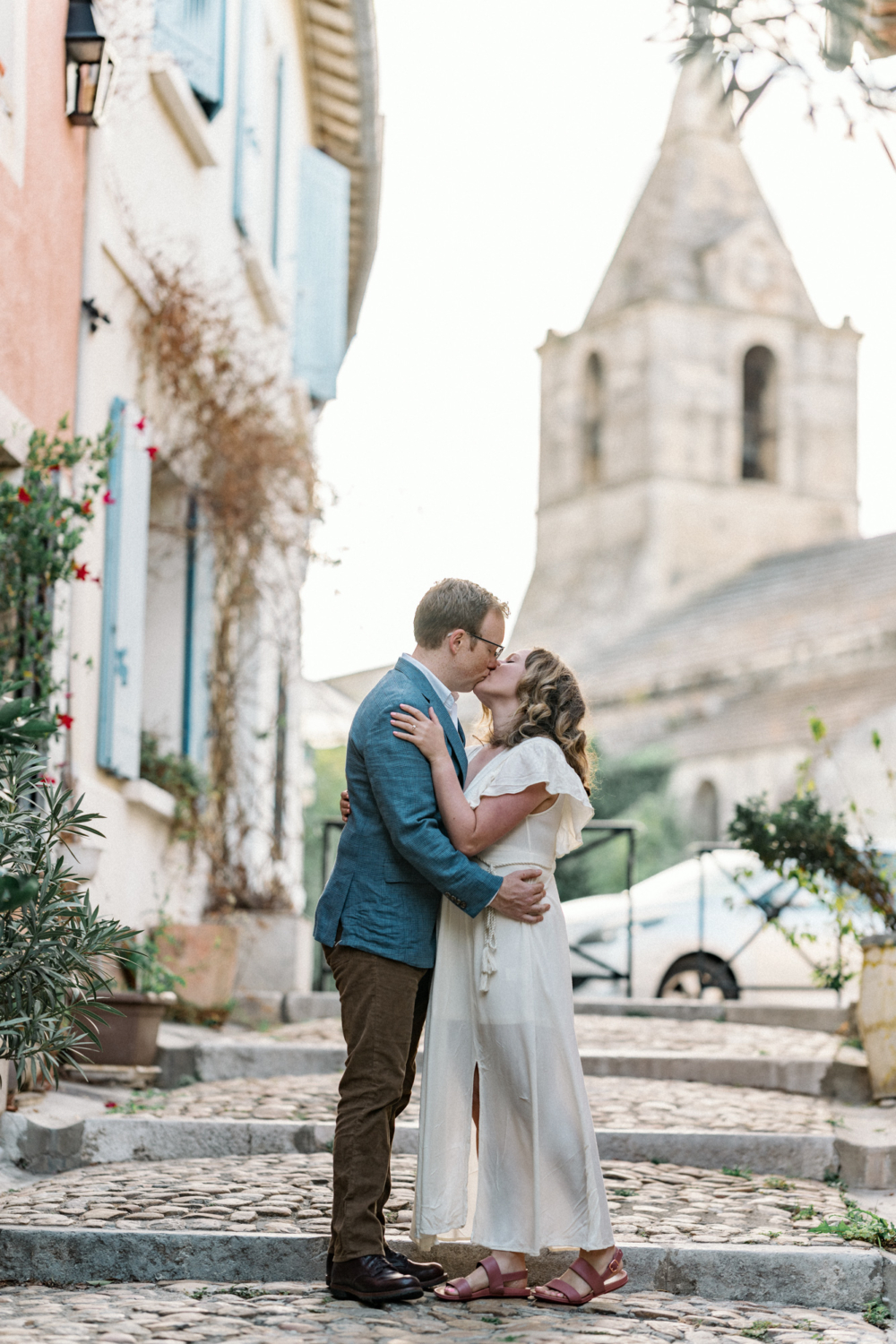 engaged couple passionately kiss in arles france