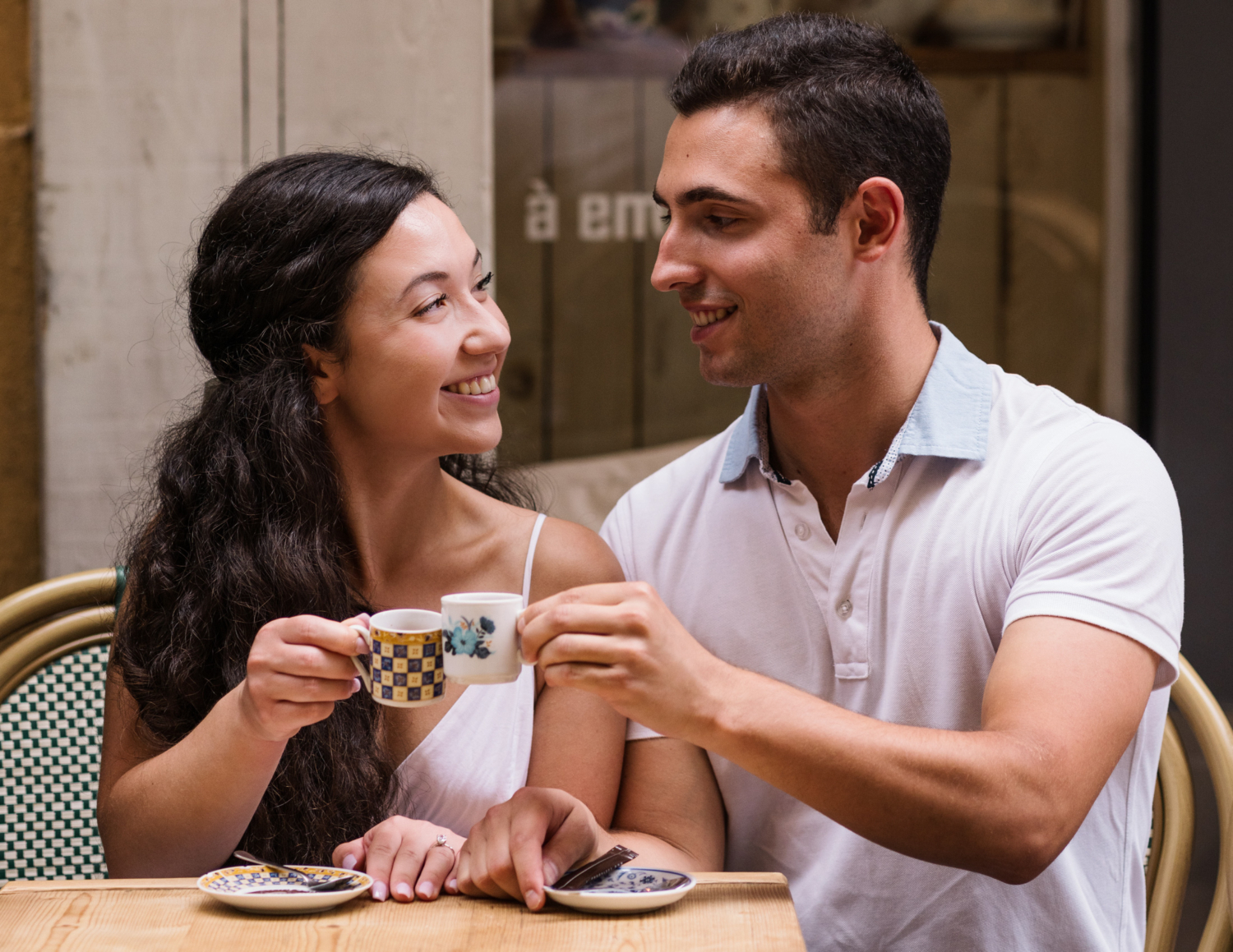 happy couple drink espresso in nice france