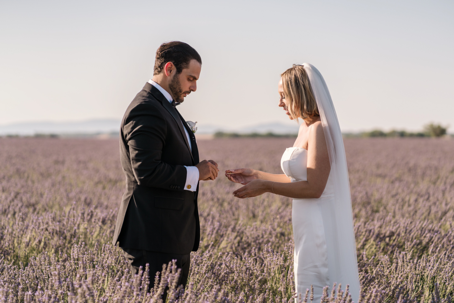 bride and groom exchange rings during their wedding ceremony in lavender