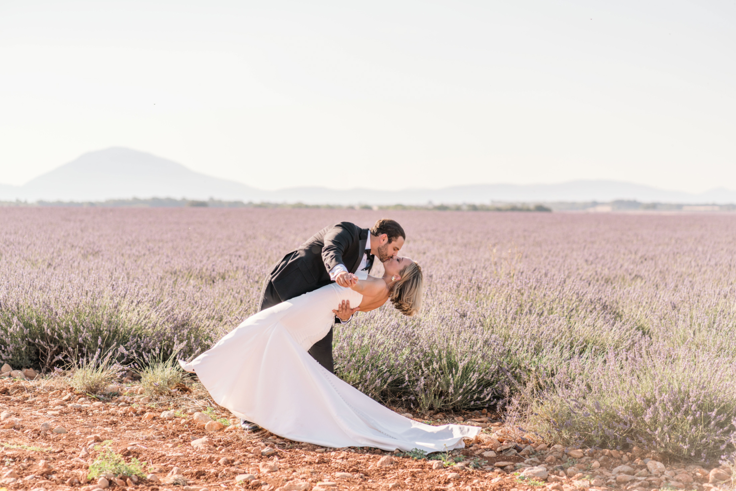 groom dips bride after their wedding in lavender field in provence