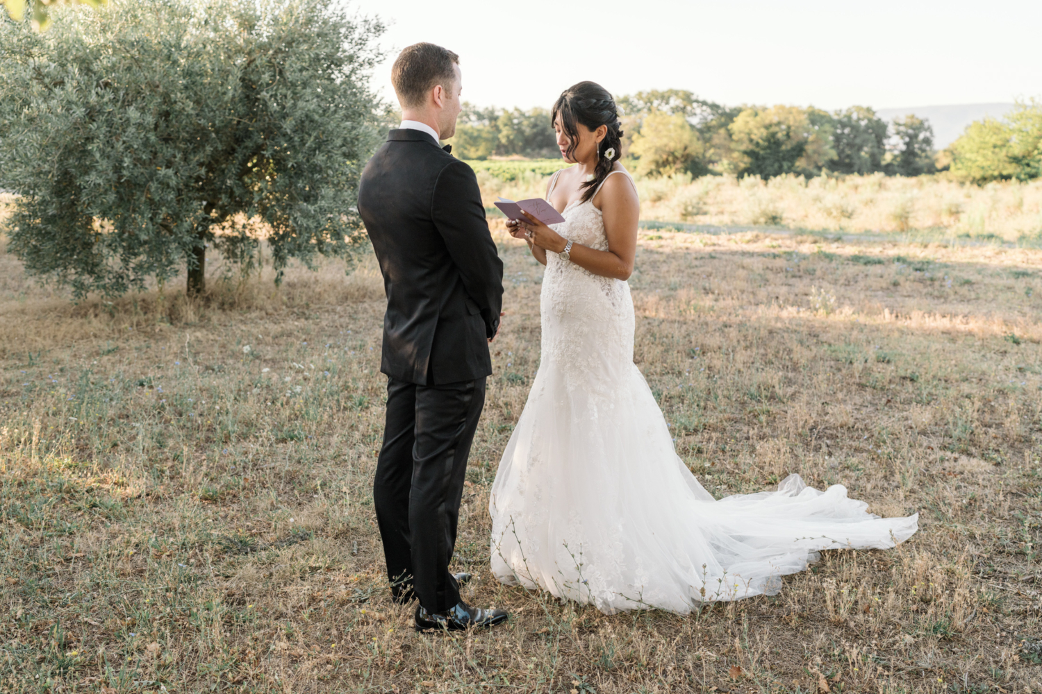 bride reads vows to groom in olive grove in provence