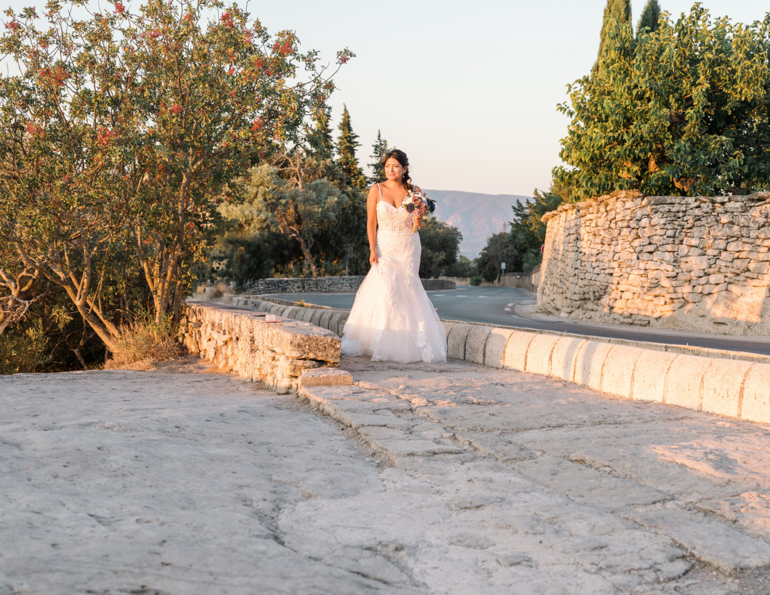 bride walks to groom on wedding day in gordes france