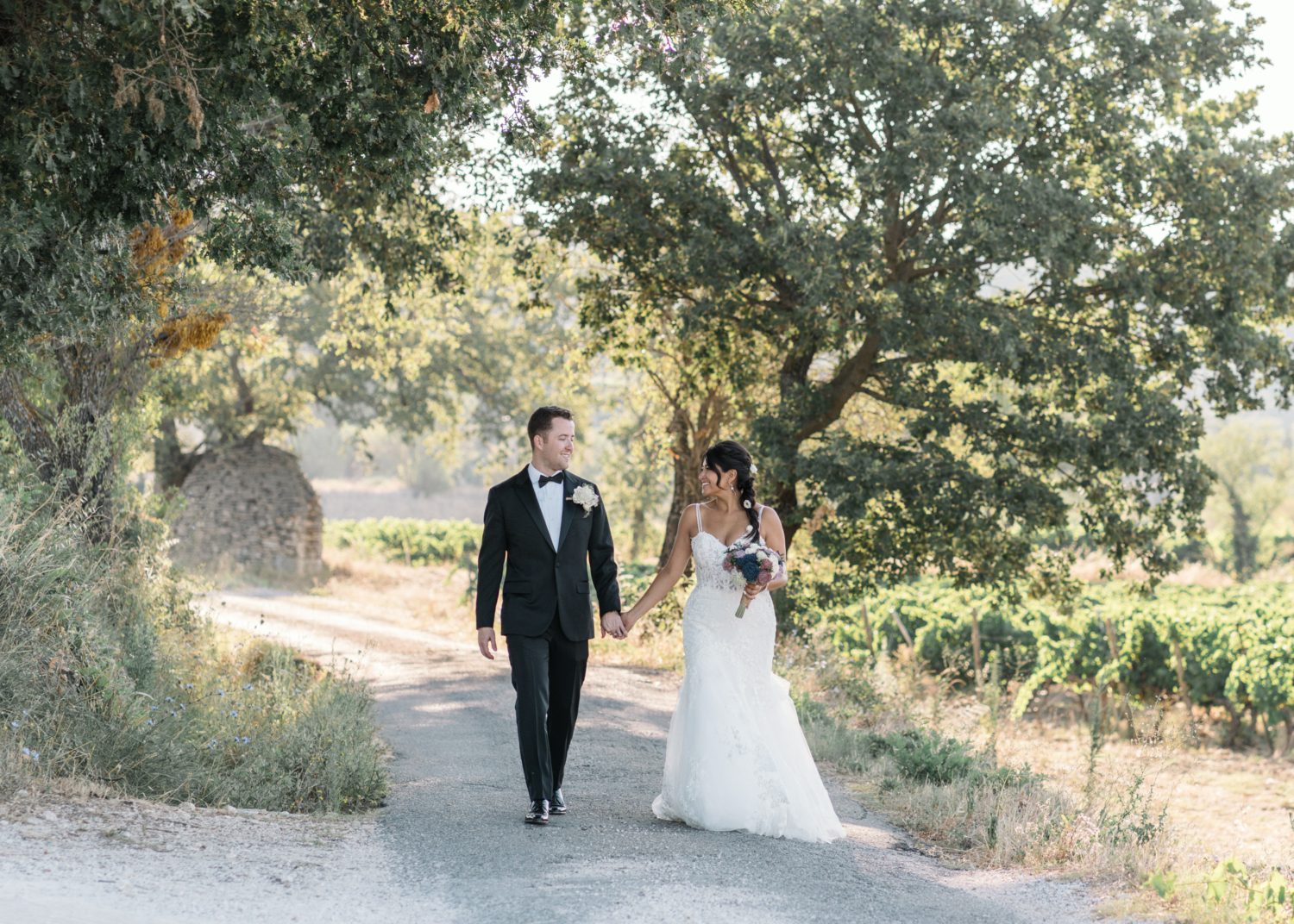 bride and groom walk hand in hand in vineyards near gordes france