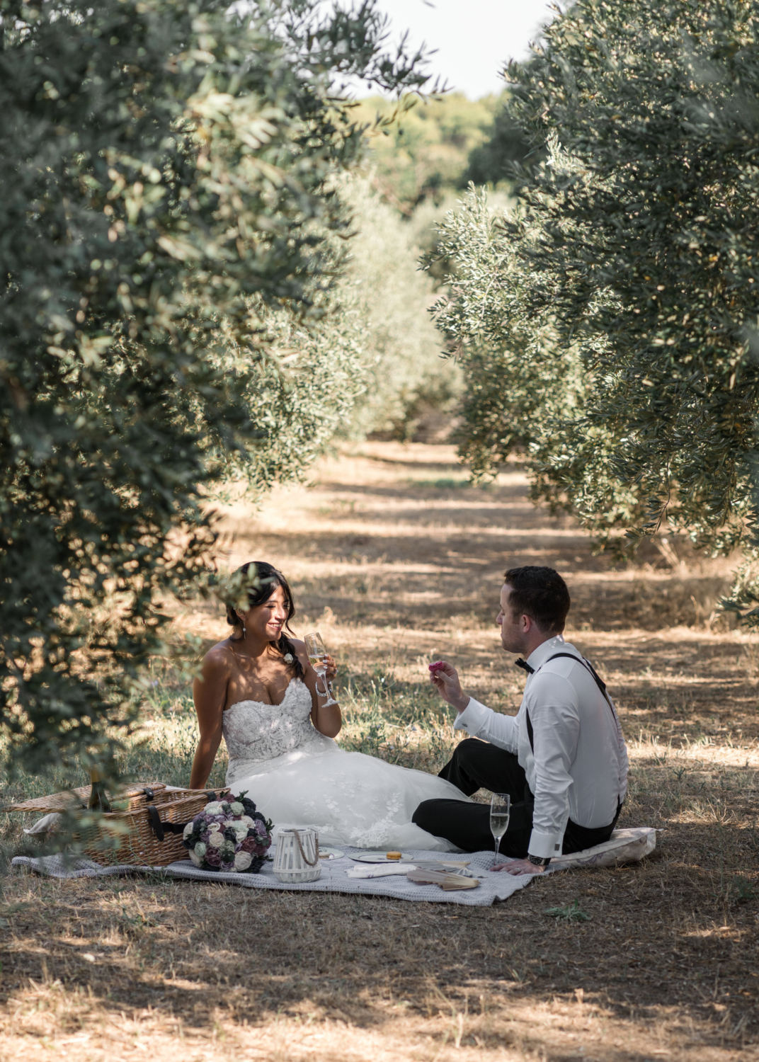 bride and groom have picnic in olive grove in gordes