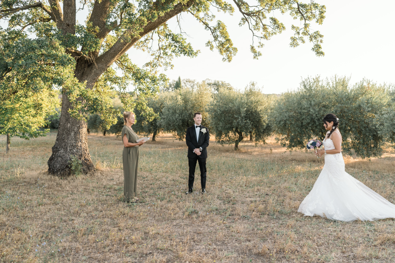 bride arrives to ceremony in olive grove