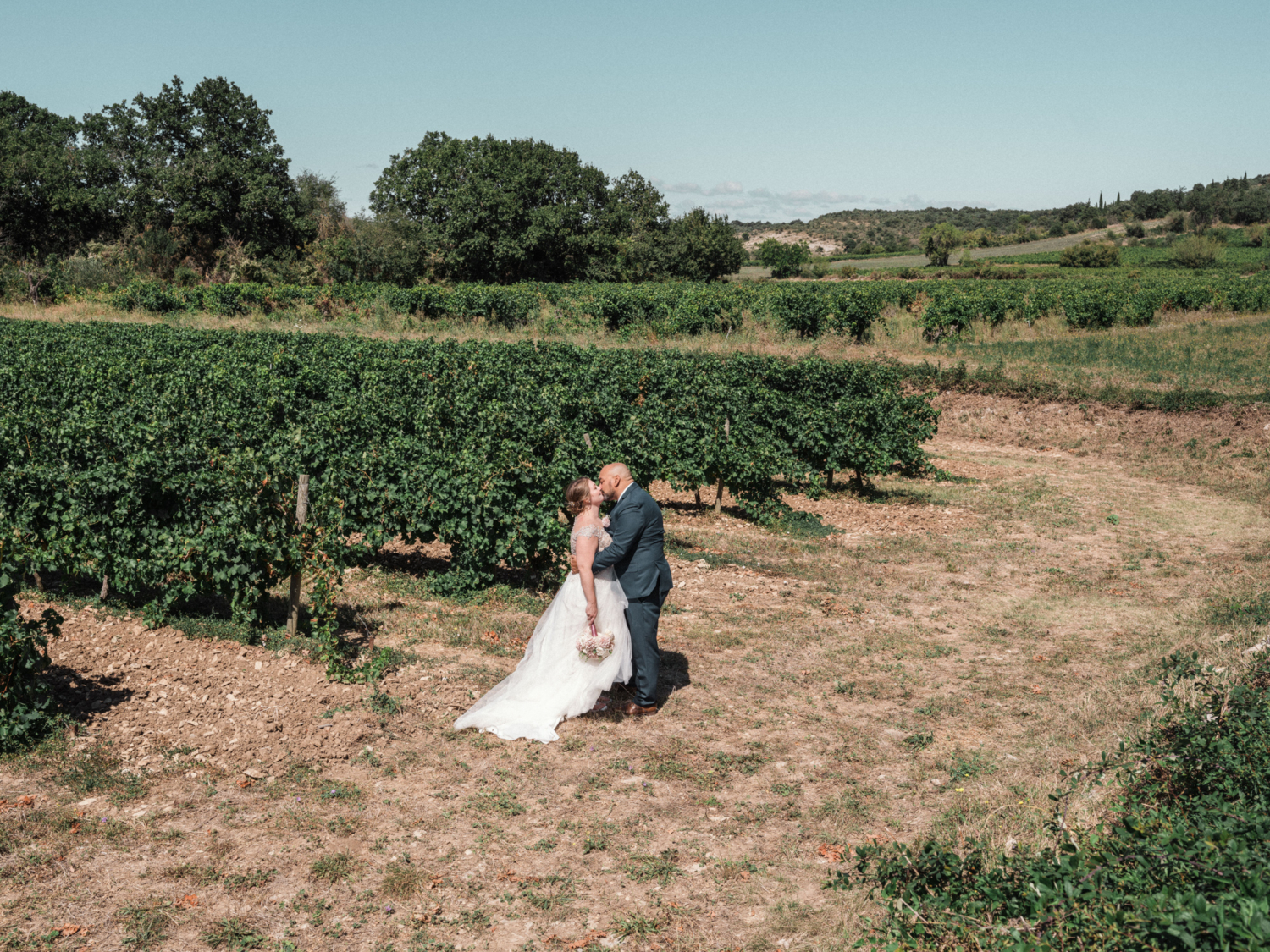 bride and groom kiss in vineyard in france
