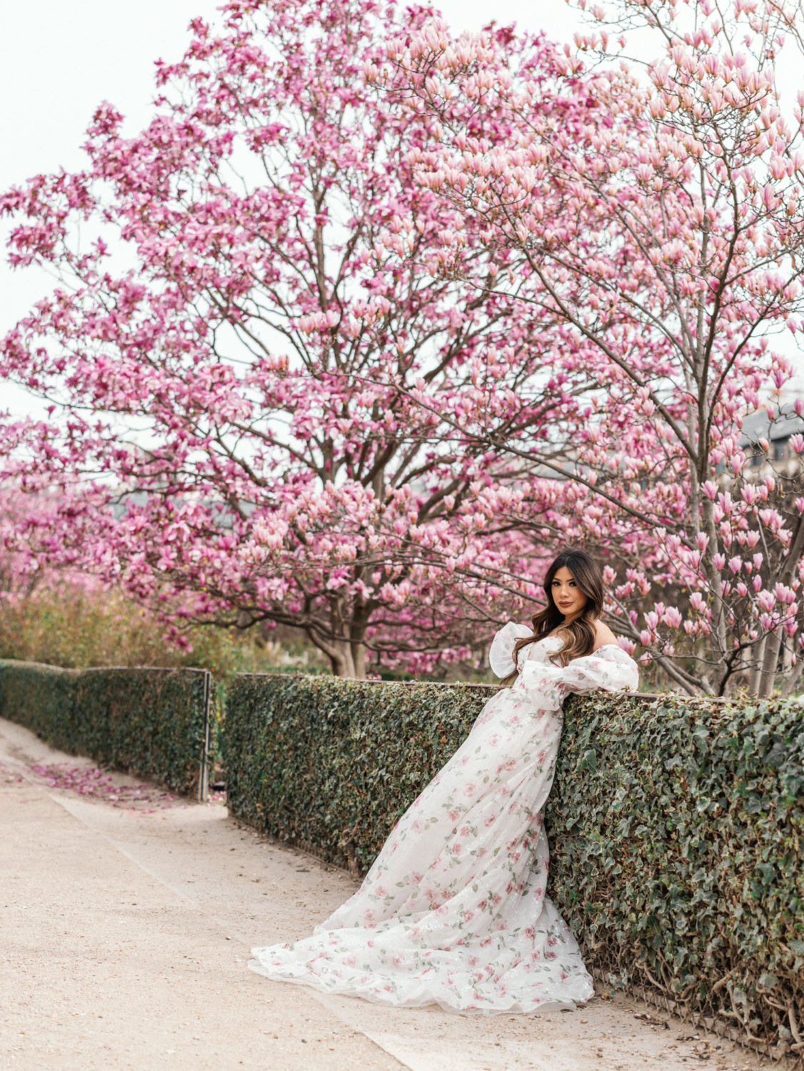asian woman poses with magnolia tree in paris