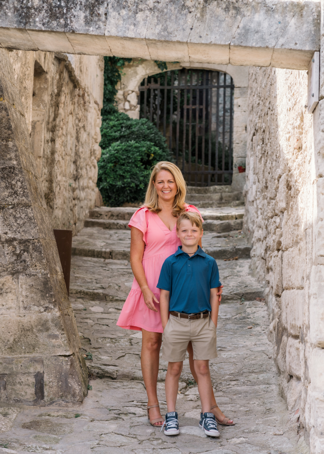 mon and son pose in historic les baux de provence france