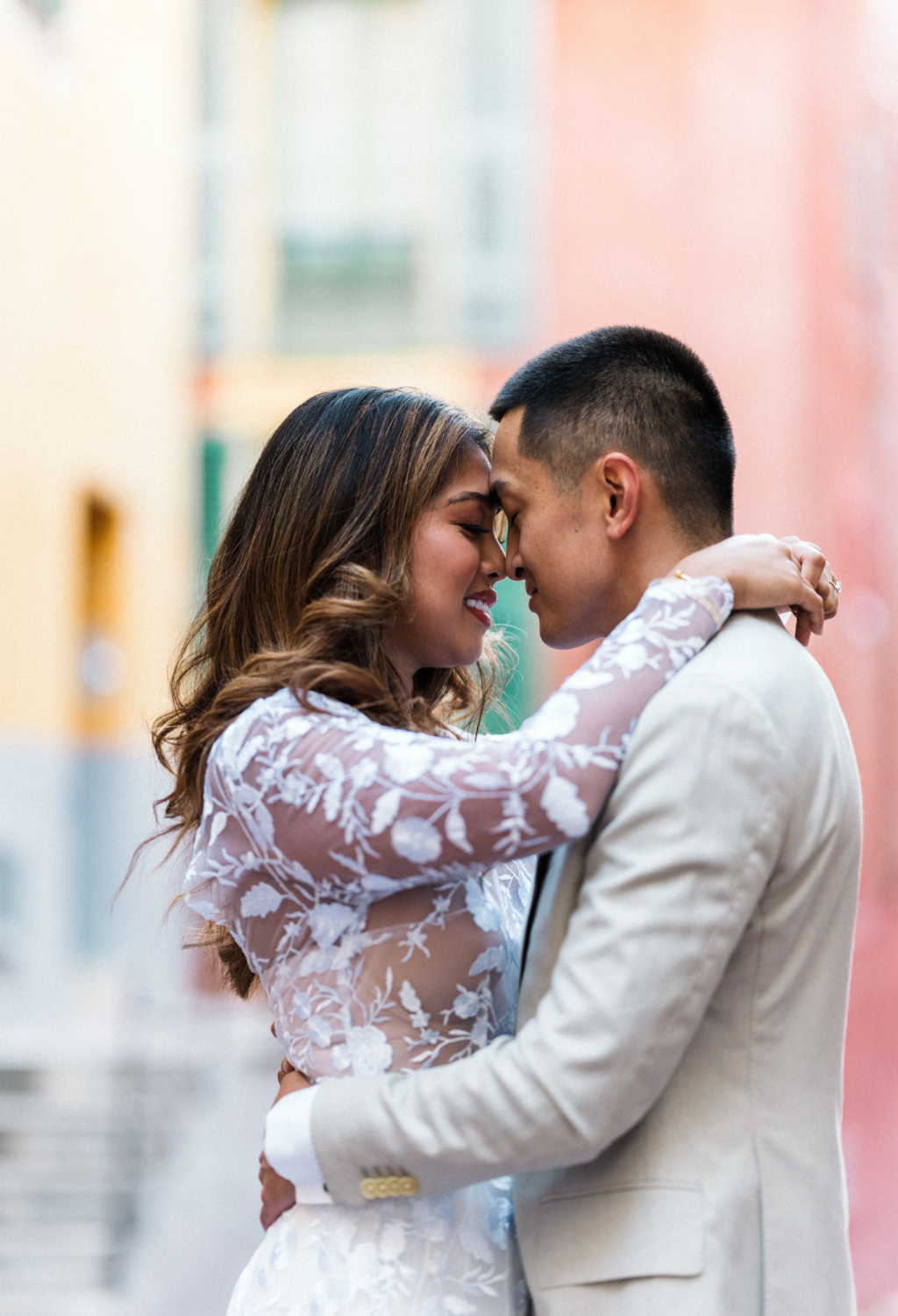 man and woman put their heads together in nice france