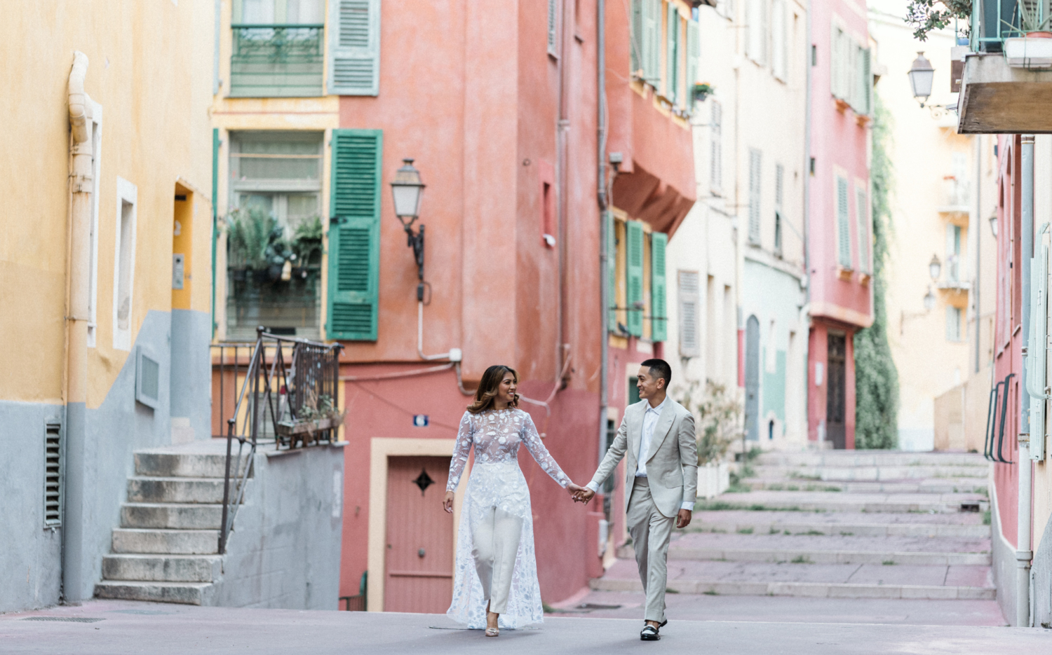 beautiful engaged couple on a walk in old town nice france