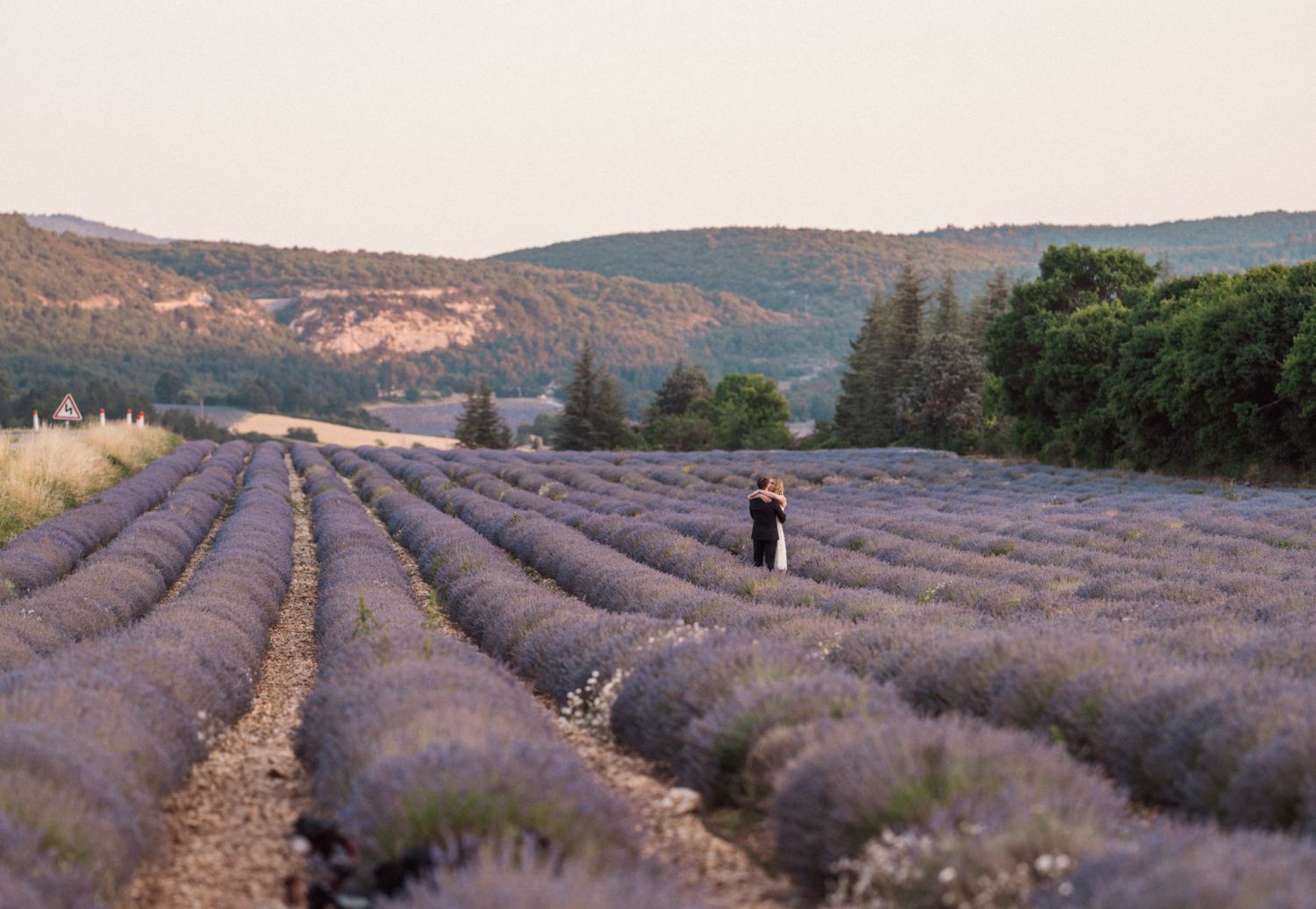 bride and groom embrace in lavender field in provence