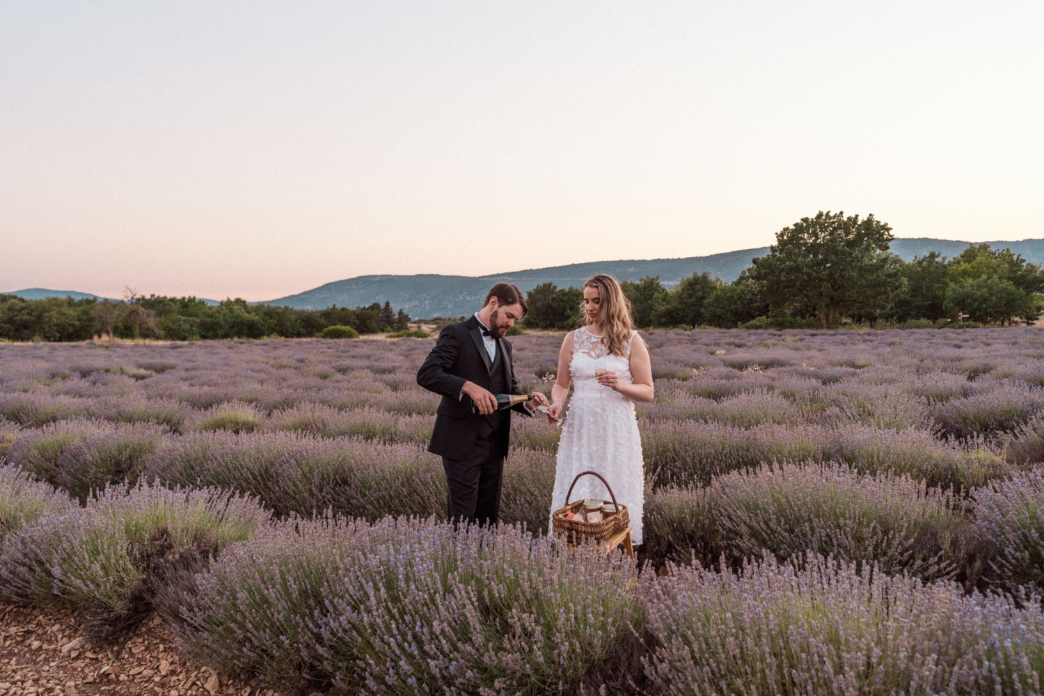 newlyweds pour glass of champagne in lavender fields of provence