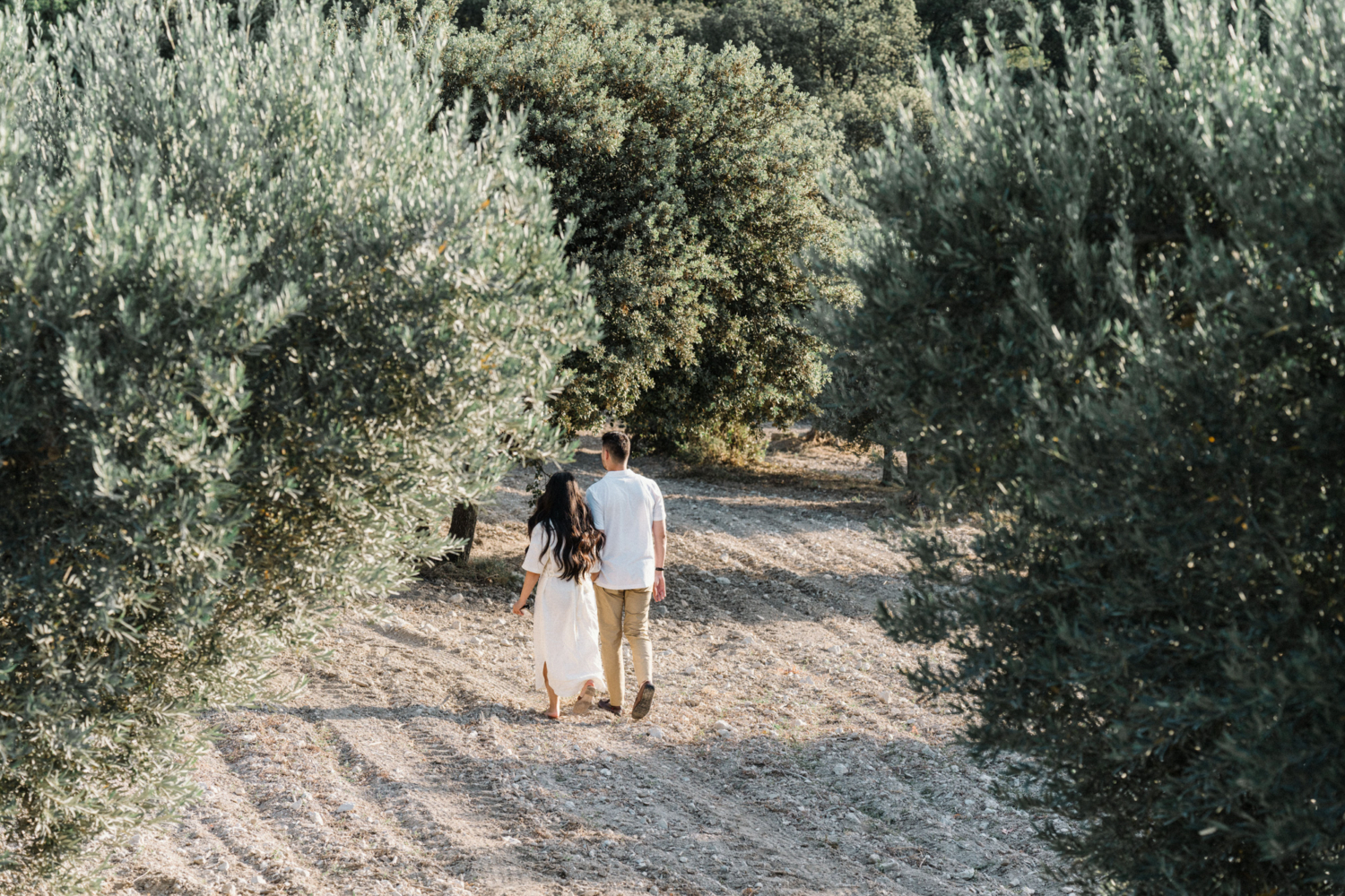 man and woman walk through olive grove