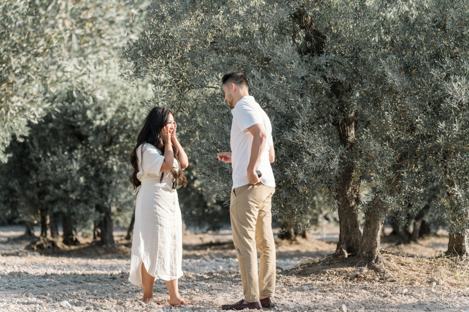 man presents engagement ring in olive grove in provence
