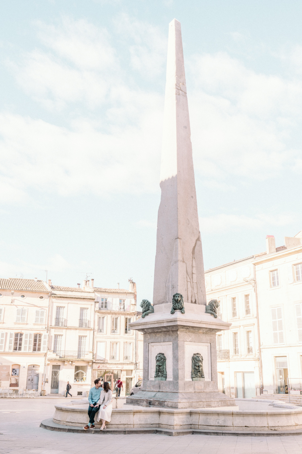 engaged couple relax in the center of arles provence