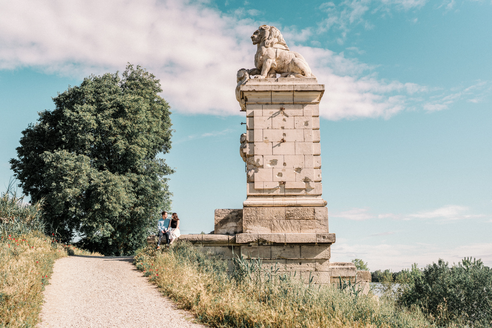 engaged couple pose on lion bridge in arles