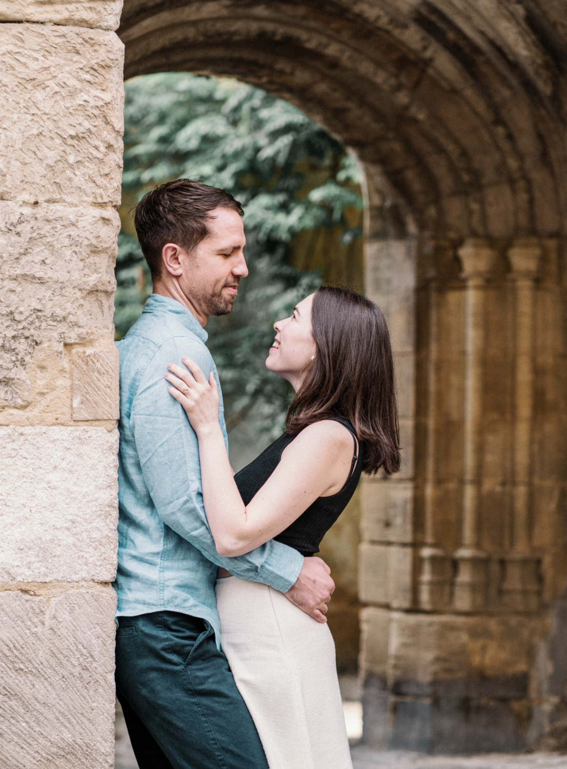 woman smiles at fiance in arles