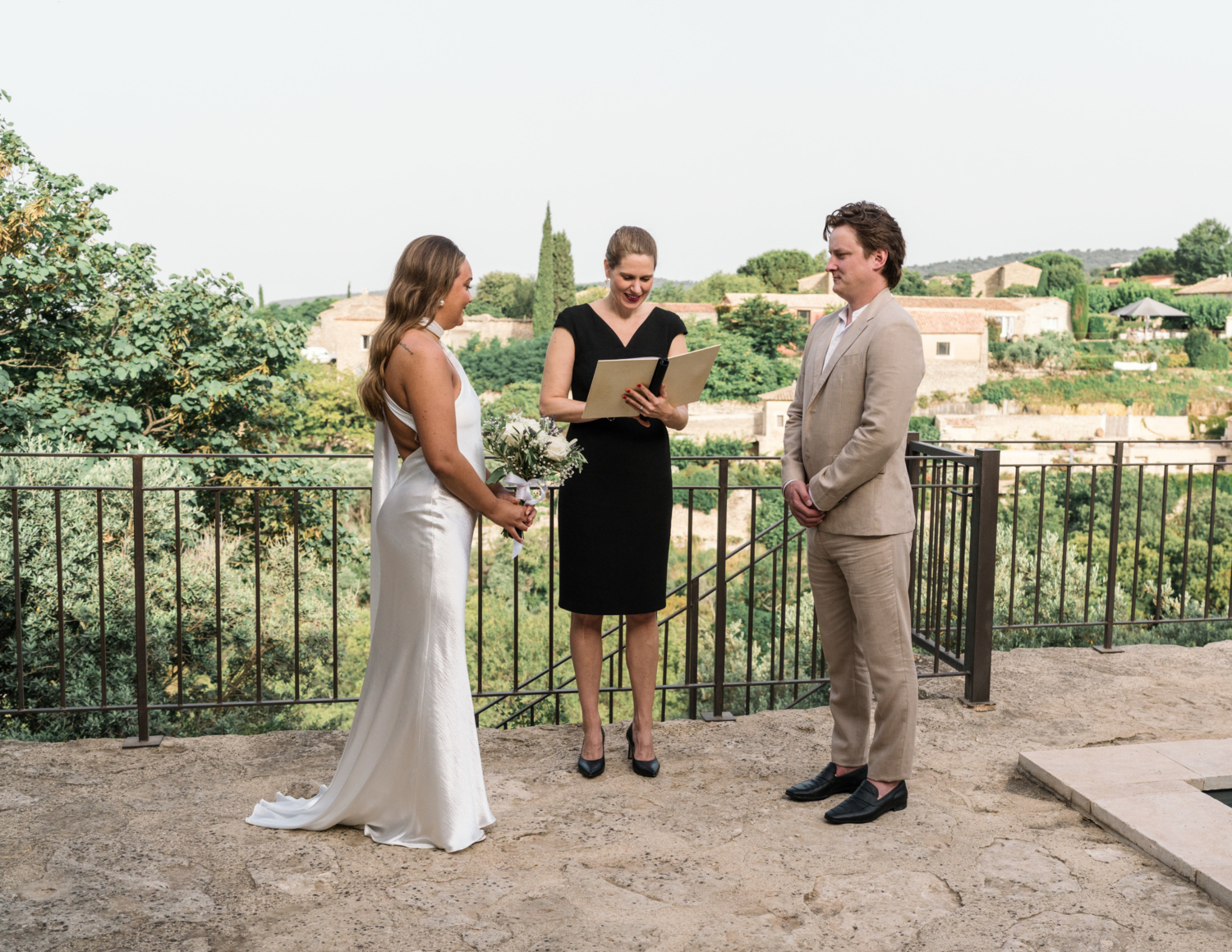 bride and groom at elopement ceremony in gordes france