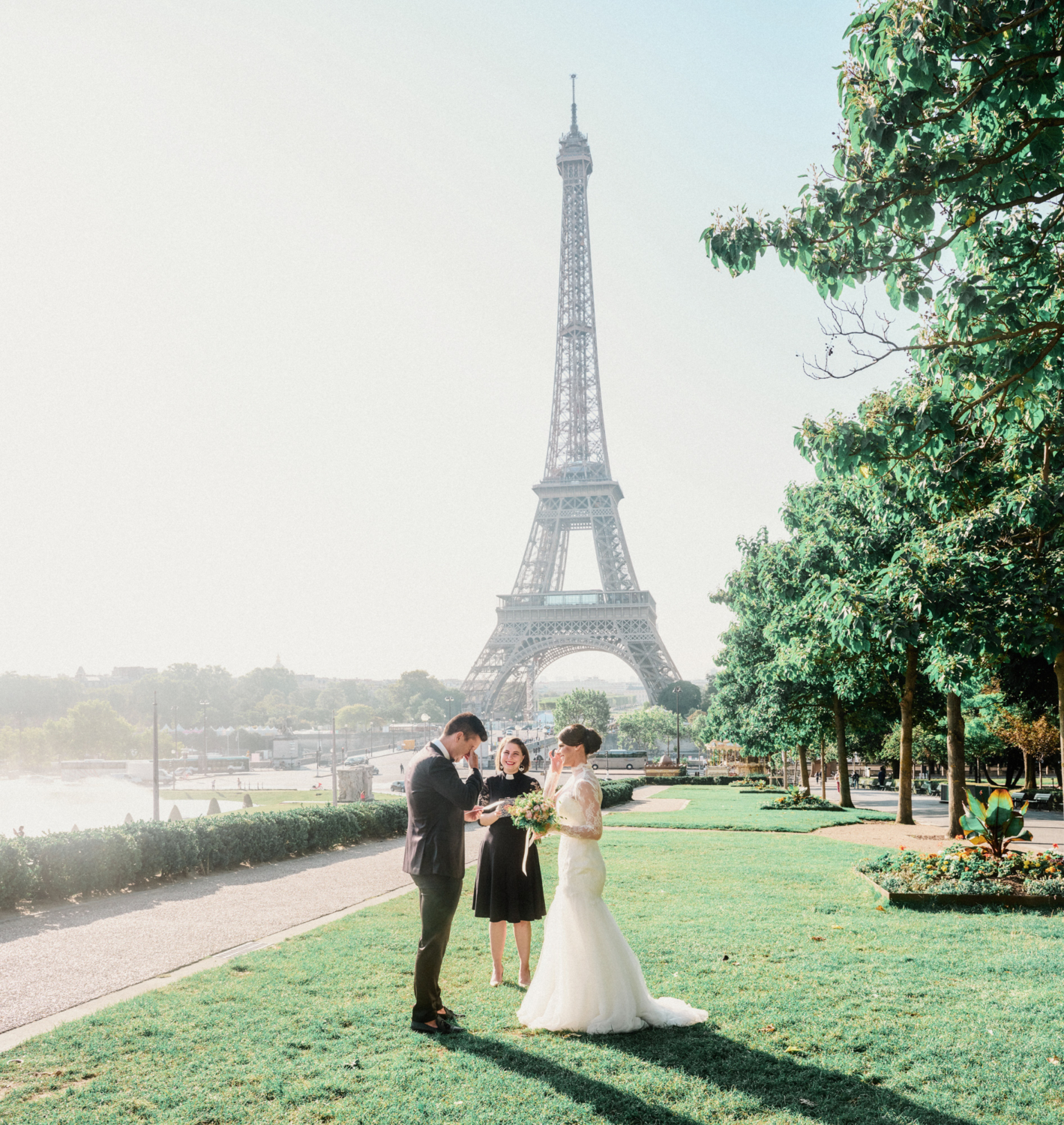 bride and groom shed tears during elopement ceremony in paris