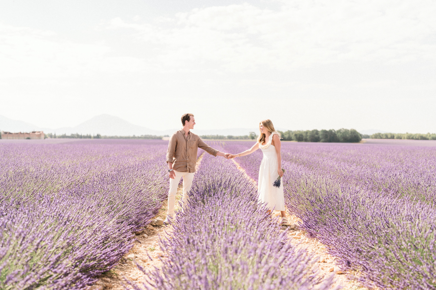 engaged couple hold hands in lavender fields of provence
