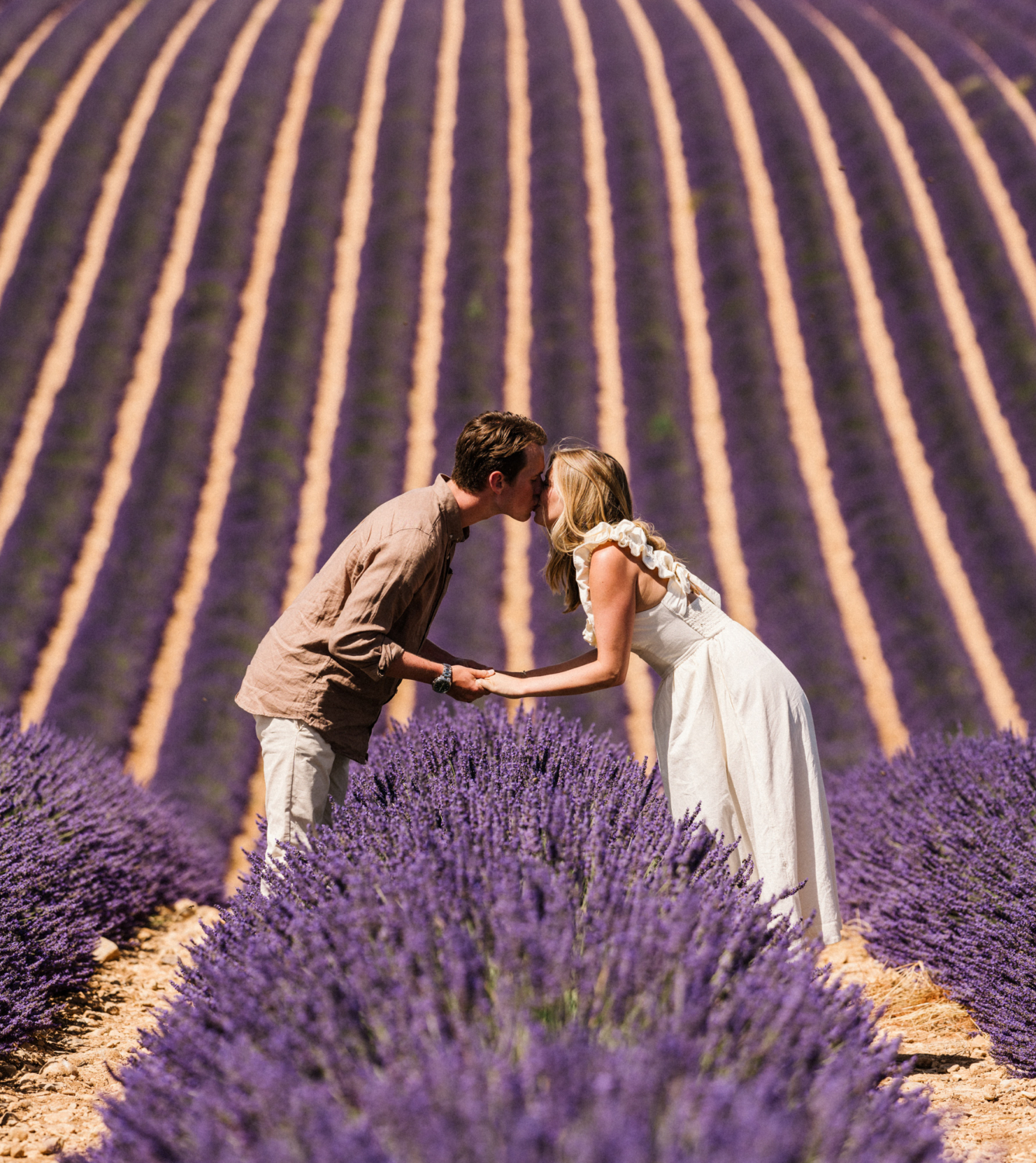 couple kiss in lavender field while holding hands