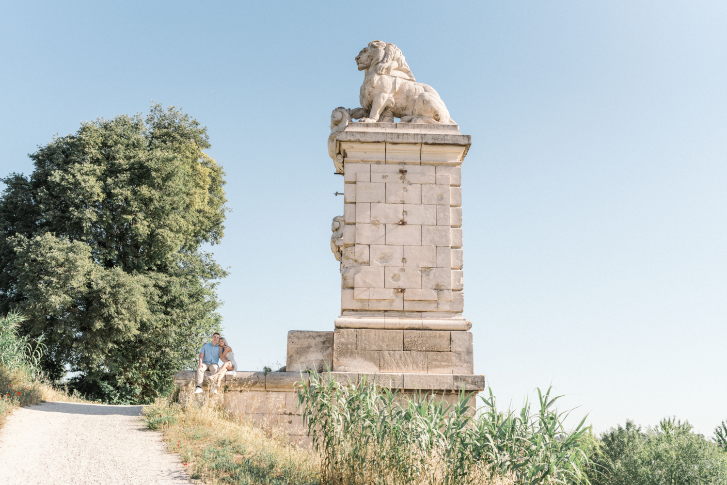 young engaged couple pose on the bridge of lions in arles france