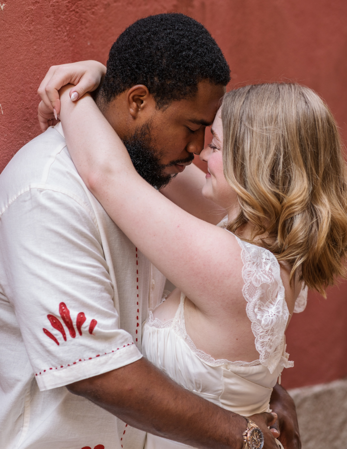 cute newlywed couple stare into each others eyes in nice france