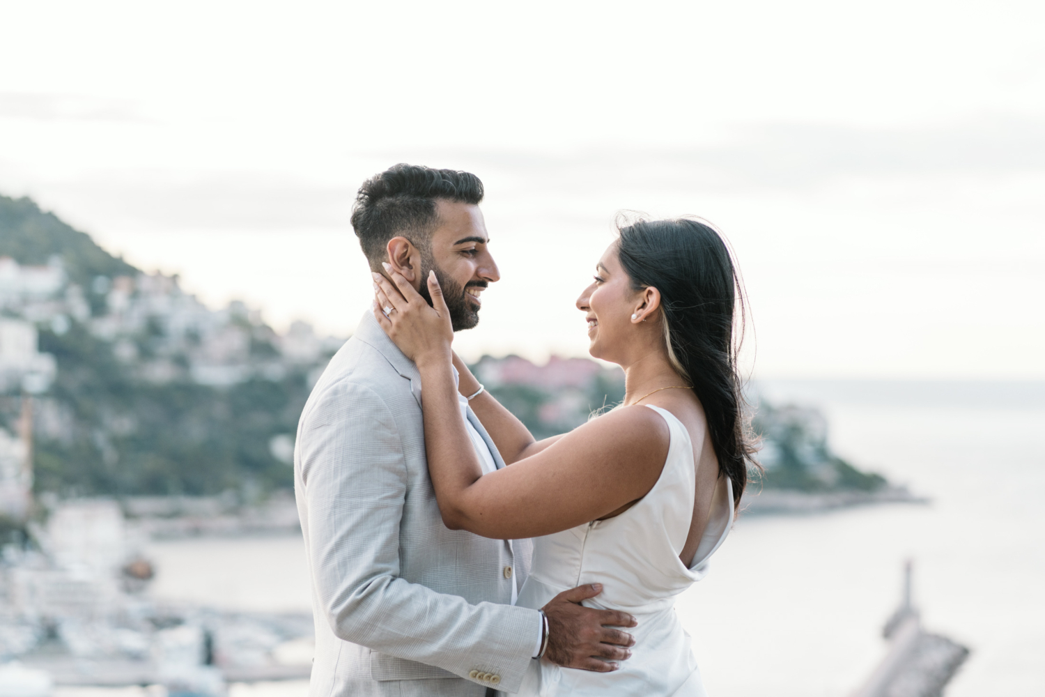 beautiful indian american couple smile for engagement session in nice france