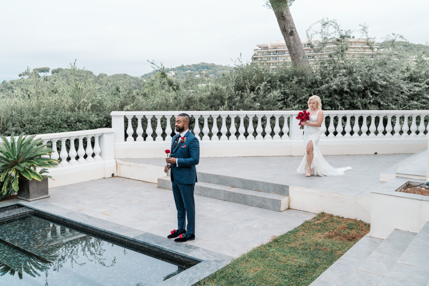 bride and groom first look in antibes france