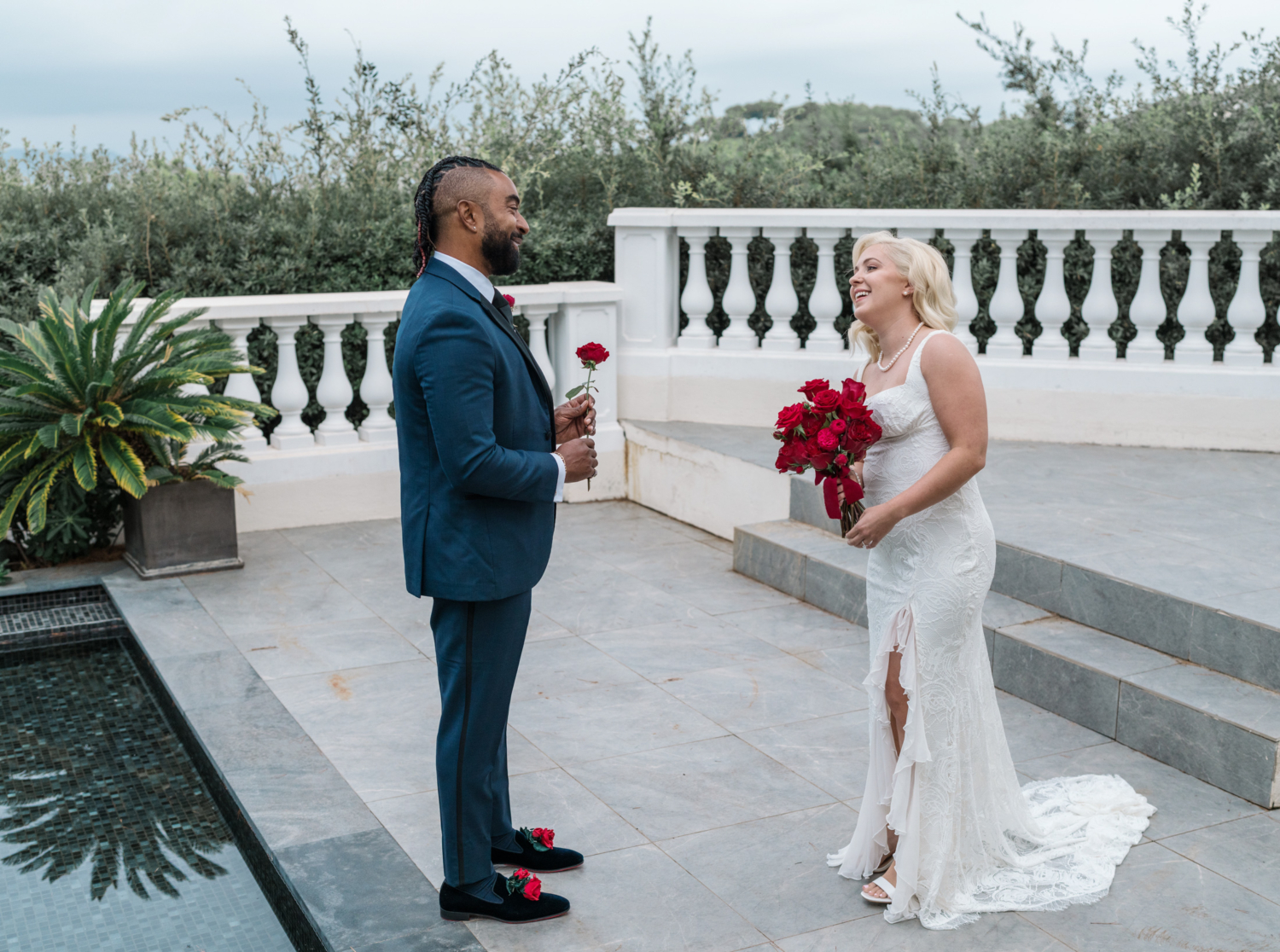 bride and groom during their first look in antibes france