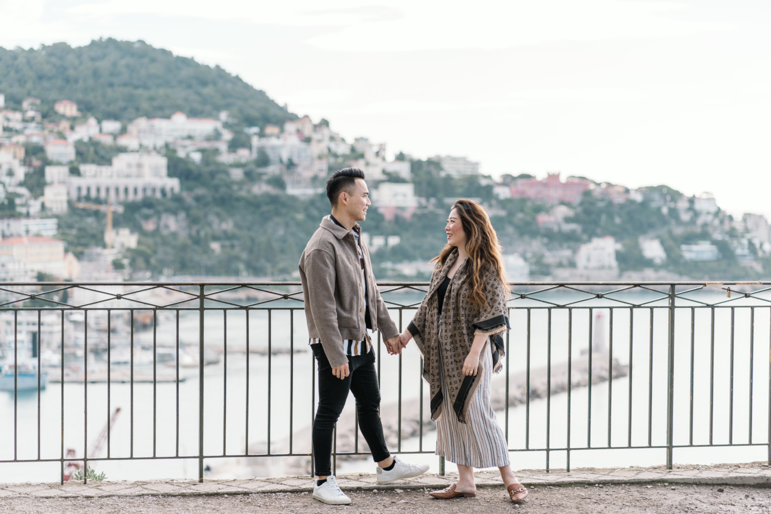 cute couple just after their engagement in nice, france