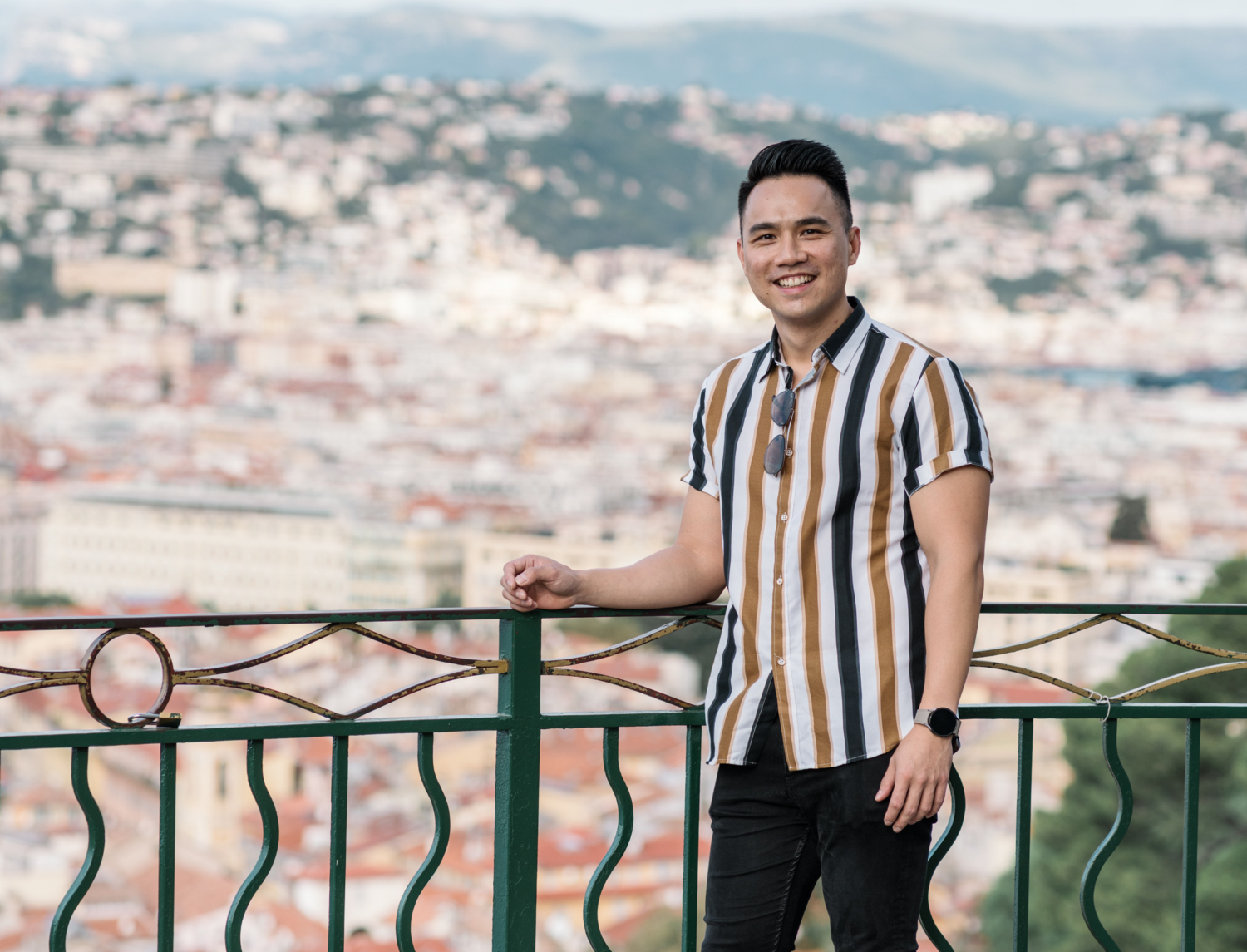 newly engaged man smile broadly in nice, france