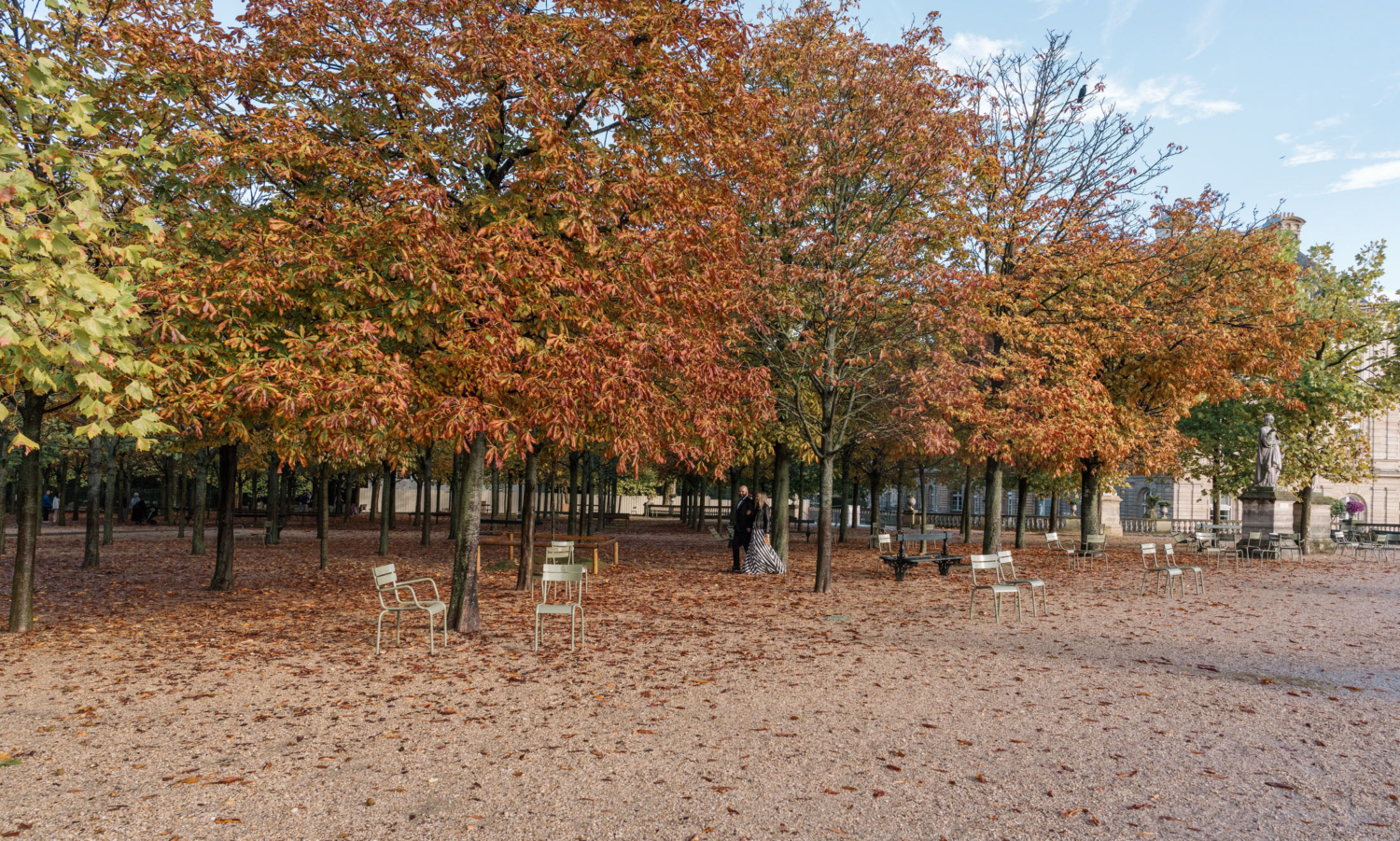 charming mature couple walk arm in arm in autumn in luxembourg gardens paris