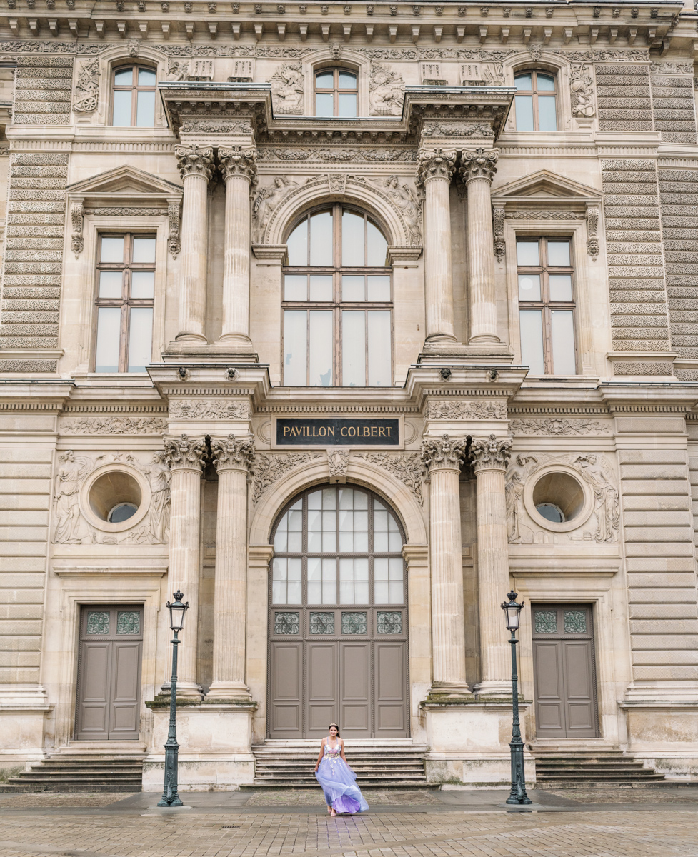 young woman celebrates quinceanera photo session in paris at the louvre