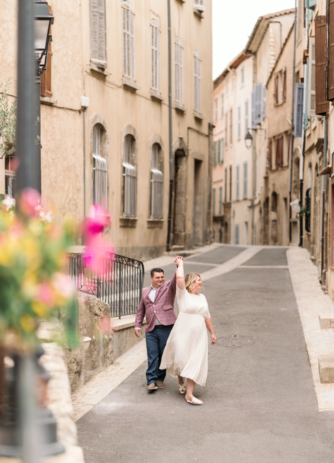 bride and groom dance on the beautiful streets of callas france