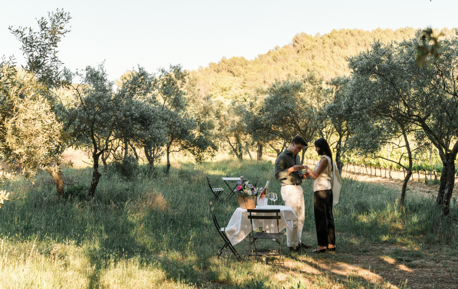 man gives woman diamond ring in provence vineyard