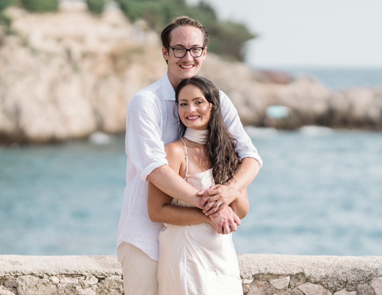 happy newly engaged couple pose in nice france