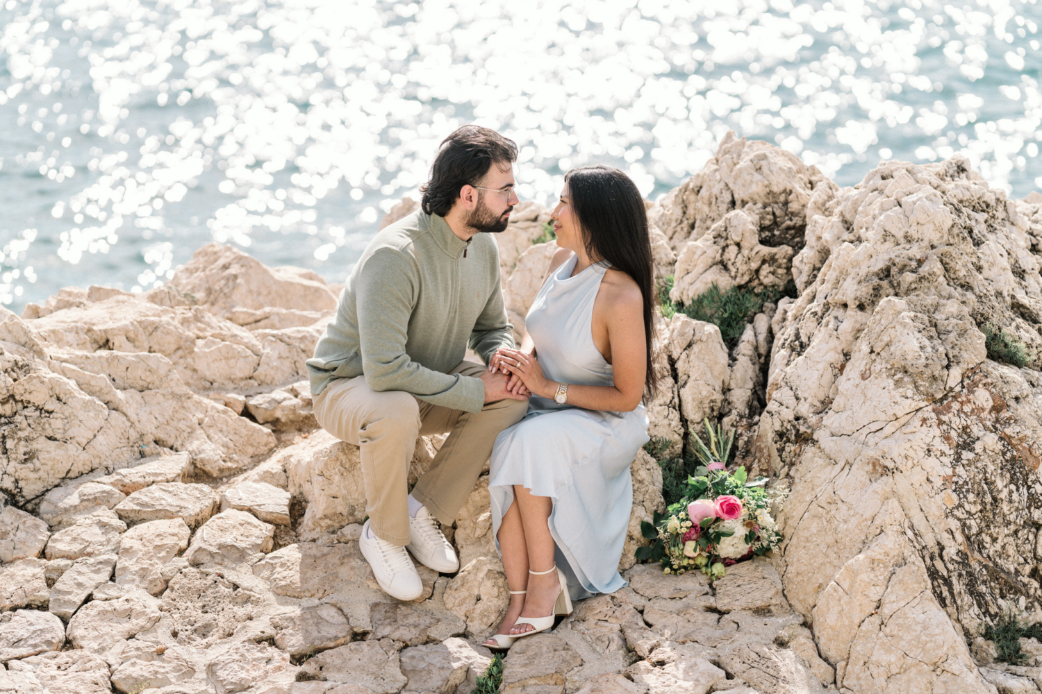 couple pose after their engagement in nice, france