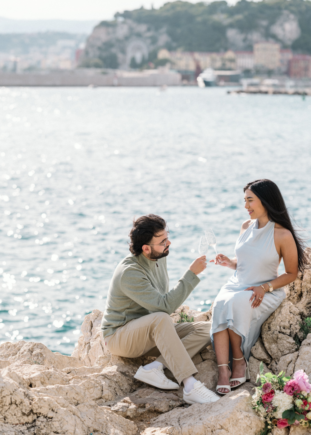 newly engaged couple celebrate in nice, france