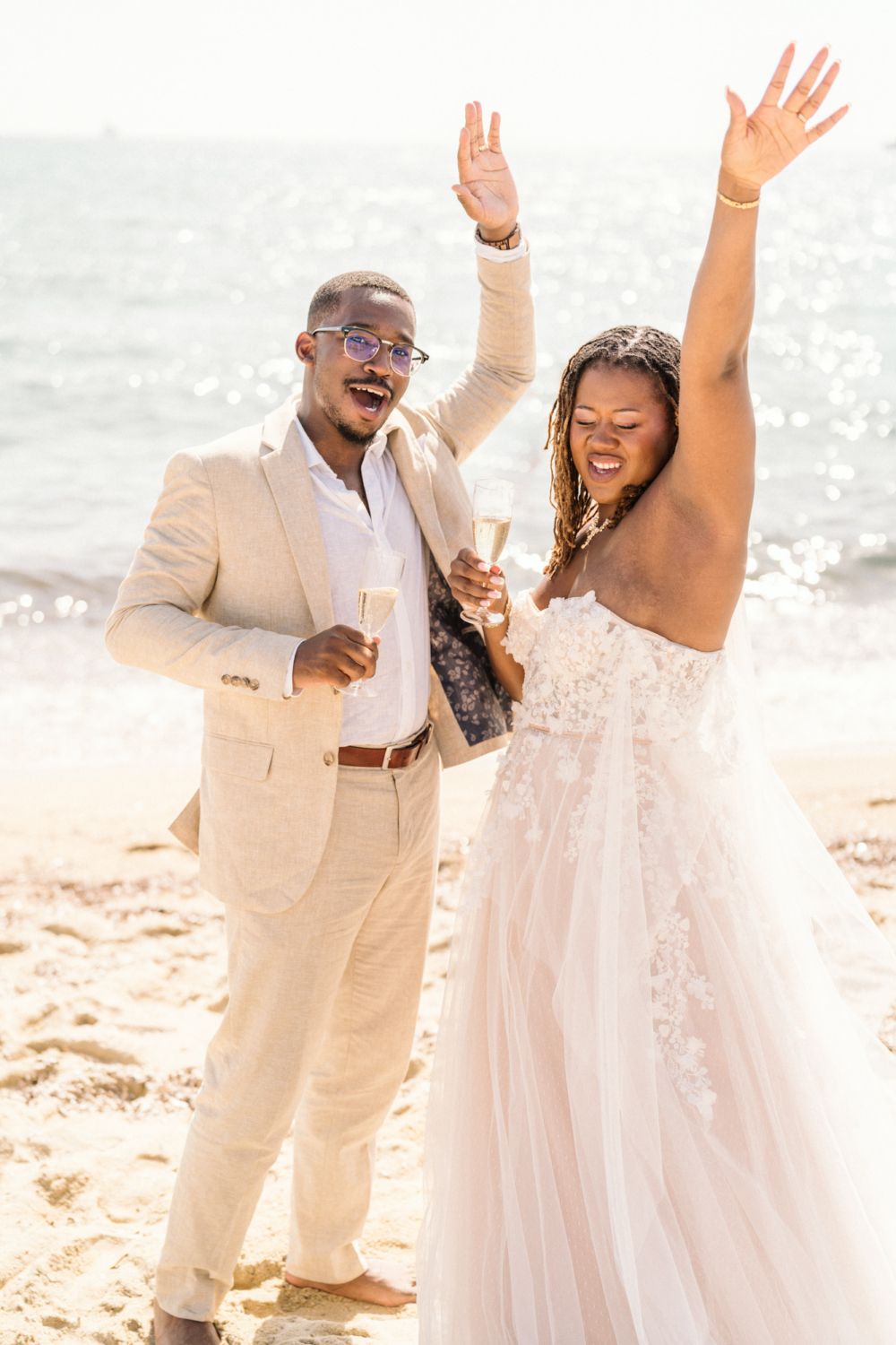 bride and groom celebrate after their wedding in saint tropez